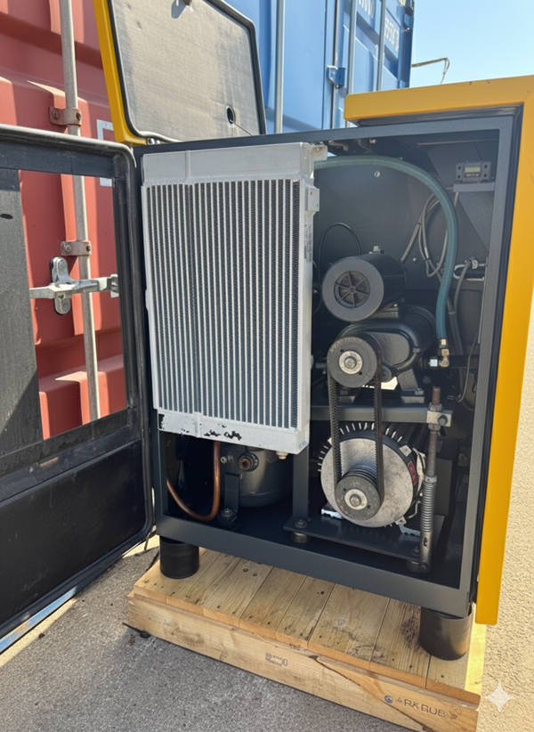 ویرا تجهیز صنعت؛ مرجع تخصصی تأمین رادیاتور کمپرسور و قطعات صنعتی در ایران نمونهای از نصب رادیاتور آلومینیومی هواخنک در کمپرسور صنعتی – محصولی مقاوم و بهینه از مجموعه ویرا تجهیز صنعت برای افزایش راندمان سیستمهای هوای فشرده.