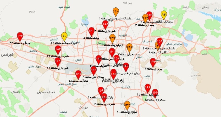 هوای تهران همچنان ناسالم است/ 20 نقطه در وضعیت قرمز آلودگی هوای تهران , شهر تهران , کیفیت هوای تهران ,