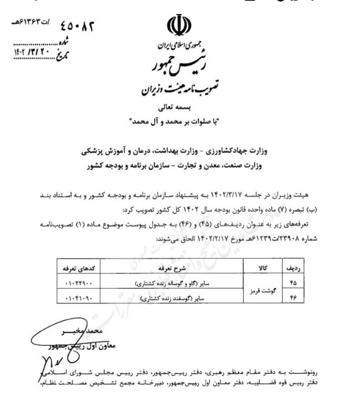 حقوق گمرکی گوشت قرمز وارداتی یک درصد شد