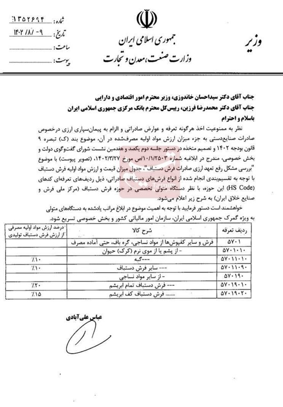 نامه وزیر صمت به خاندوزی و فرزین درباره تعرفه صفر صادرات فرش دستباف