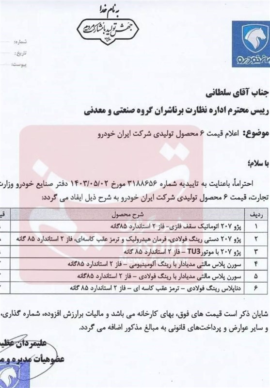 قیمت جدید ۶ محصول ایران خودرو اعلام شد